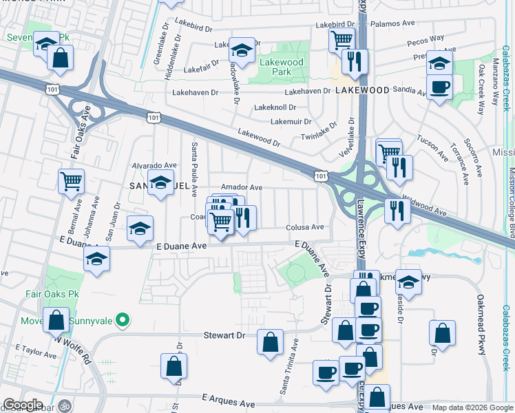 map of restaurants, bars, coffee shops, grocery stores, and more near 725 Santa Rita Street in Sunnyvale