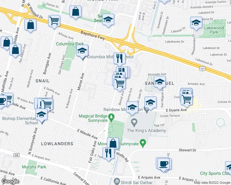 map of restaurants, bars, coffee shops, grocery stores, and more near 666 Fair Oaks Avenue in Sunnyvale