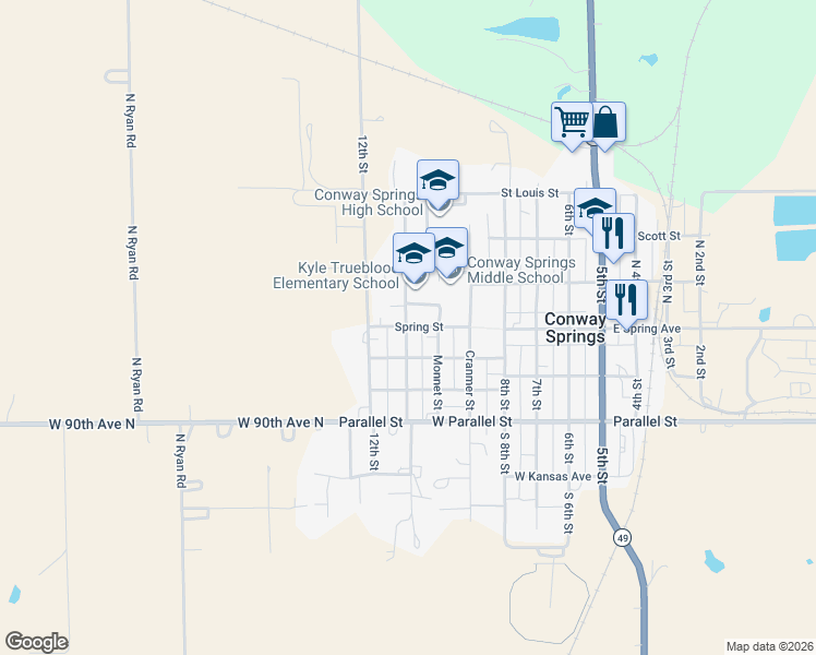 map of restaurants, bars, coffee shops, grocery stores, and more near 698 Spring Street in Conway Springs