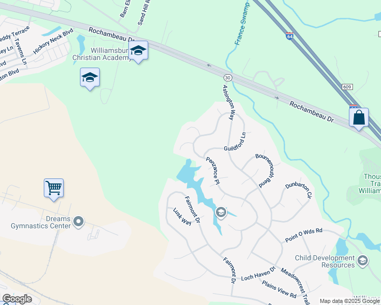 map of restaurants, bars, coffee shops, grocery stores, and more near 3948 Penzance Place in Williamsburg