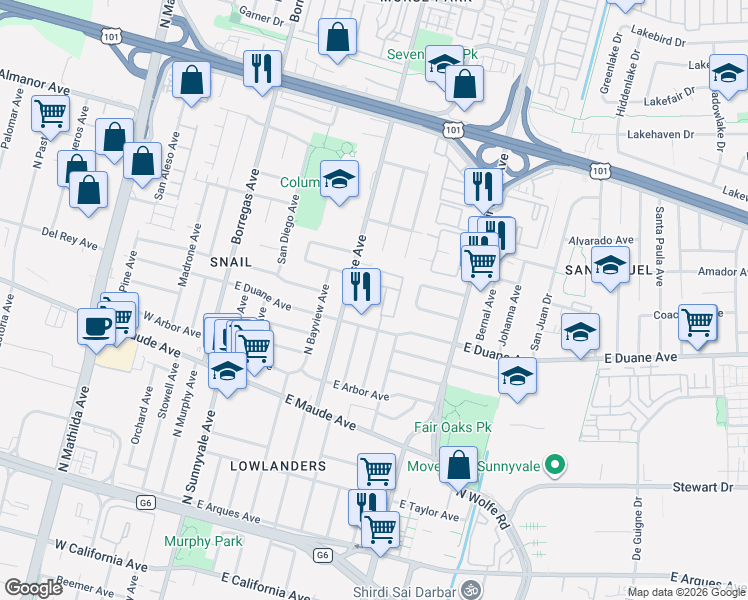 map of restaurants, bars, coffee shops, grocery stores, and more near 438 Waddington Avenue in Sunnyvale