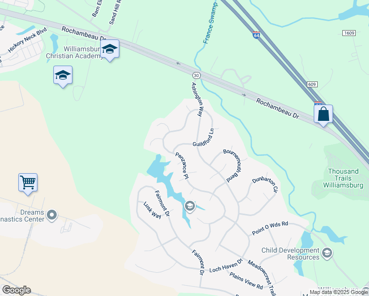 map of restaurants, bars, coffee shops, grocery stores, and more near 3959 Guildford Ln in Williamsburg