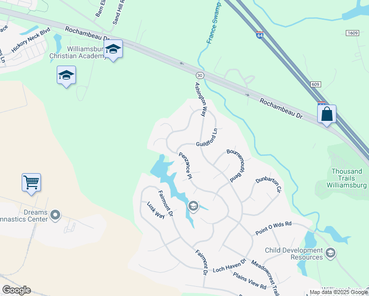 map of restaurants, bars, coffee shops, grocery stores, and more near 3967 Guildford Lane in Williamsburg