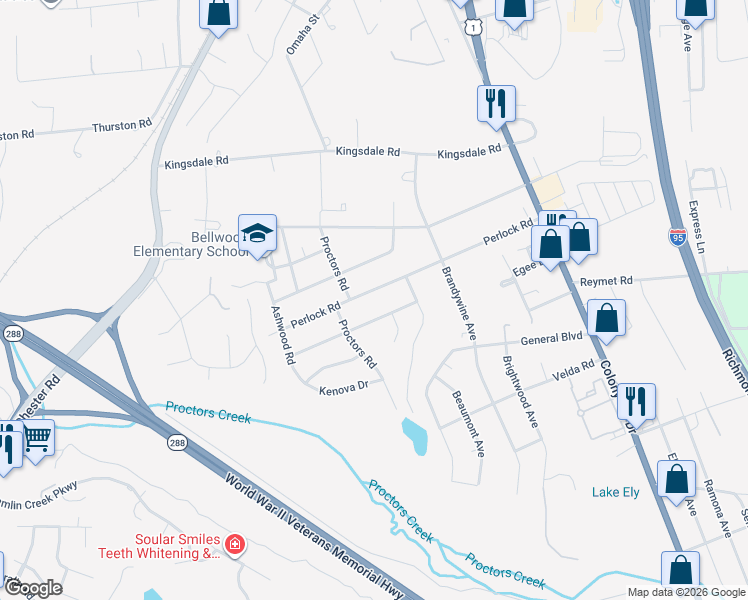 map of restaurants, bars, coffee shops, grocery stores, and more near 2931 Perlock Road in Richmond