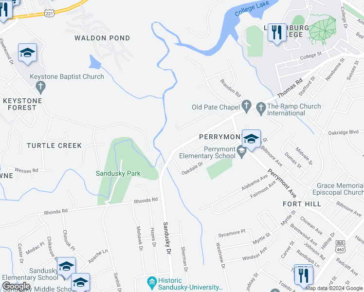 map of restaurants, bars, coffee shops, grocery stores, and more near 12 Meadowview Drive in Lynchburg