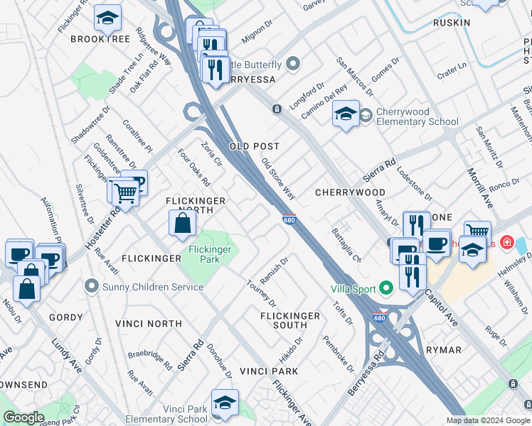 map of restaurants, bars, coffee shops, grocery stores, and more near 2235 Emerald Hills Circle in San Jose