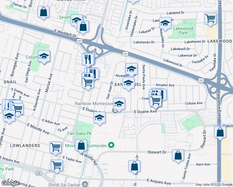 map of restaurants, bars, coffee shops, grocery stores, and more near 743 Brea Terrace in Sunnyvale