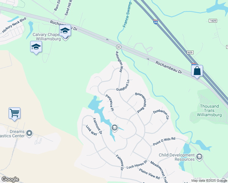 map of restaurants, bars, coffee shops, grocery stores, and more near 3955 Guildford Lane in Williamsburg