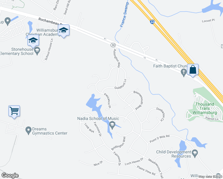 map of restaurants, bars, coffee shops, grocery stores, and more near 3955 Guildford Lane in Williamsburg