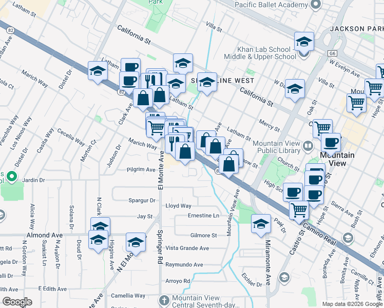 map of restaurants, bars, coffee shops, grocery stores, and more near W El Camino Real & Rich Ave in Mountain View