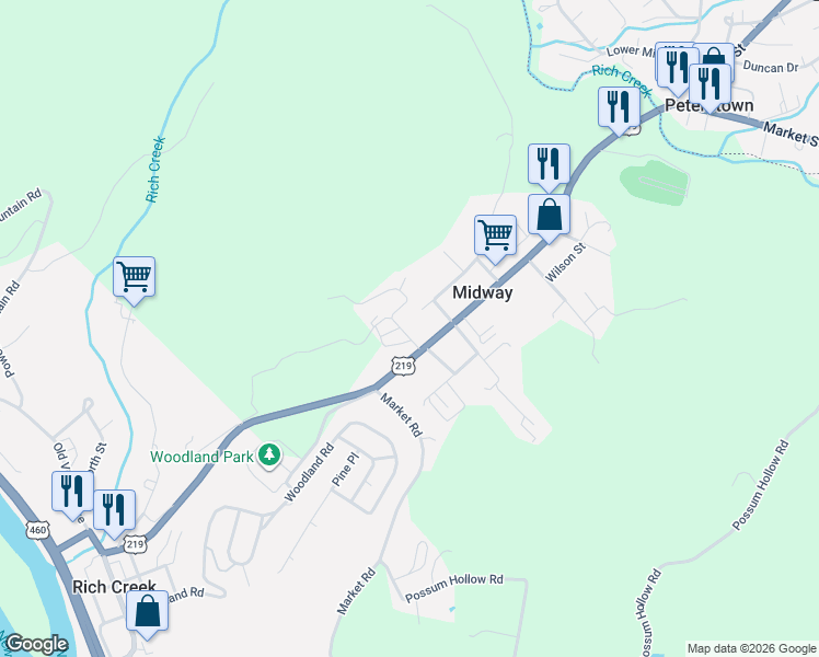map of restaurants, bars, coffee shops, grocery stores, and more near 101-139 Mountain View Drive in Narrows