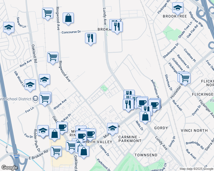 map of restaurants, bars, coffee shops, grocery stores, and more near in San Jose