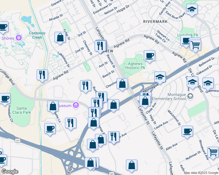 map of restaurants, bars, coffee shops, grocery stores, and more near 4003 Cheeney Street in Santa Clara