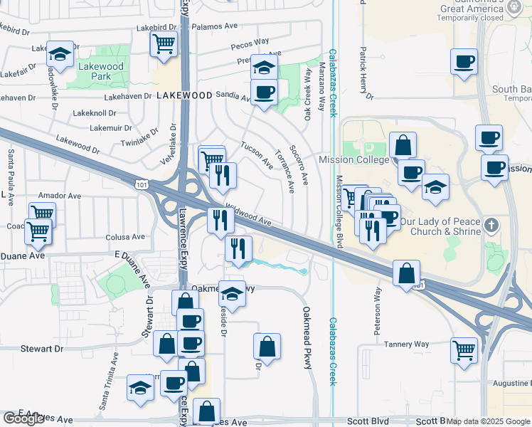 map of restaurants, bars, coffee shops, grocery stores, and more near 1235 Wildwood Avenue in Sunnyvale