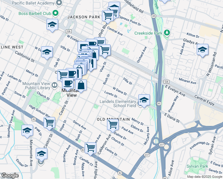 map of restaurants, bars, coffee shops, grocery stores, and more near 419 West Dana Street in Mountain View