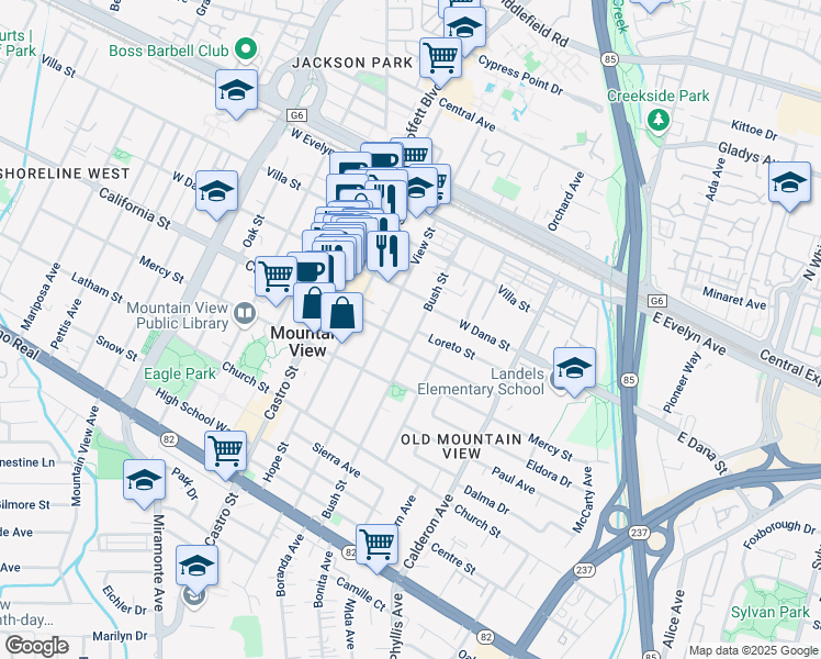 map of restaurants, bars, coffee shops, grocery stores, and more near 550 California Street in Mountain View