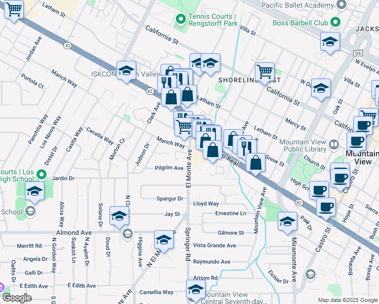 map of restaurants, bars, coffee shops, grocery stores, and more near 1005 El Monte Avenue in Mountain View