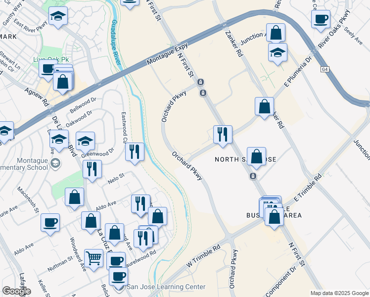 map of restaurants, bars, coffee shops, grocery stores, and more near 2820 Orchard Parkway in San Jose