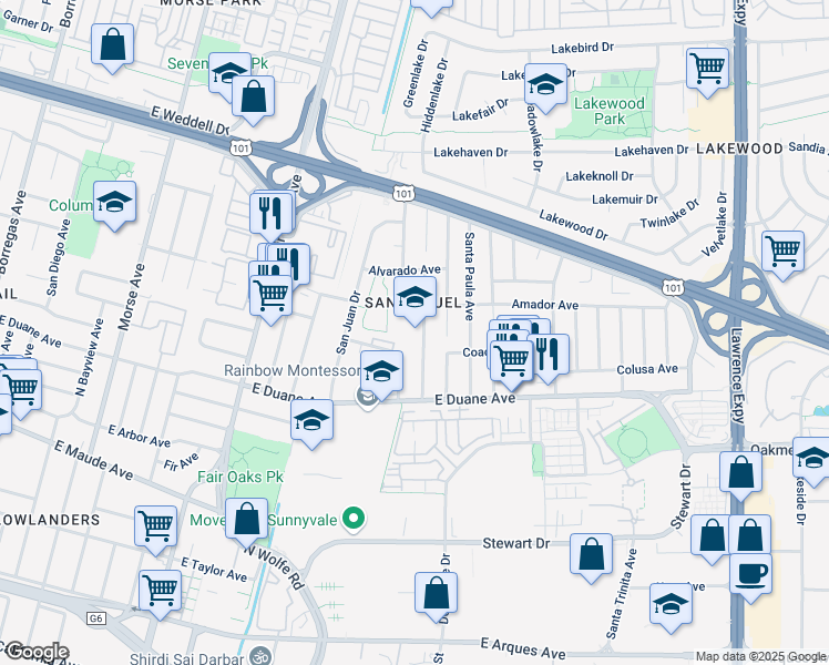 map of restaurants, bars, coffee shops, grocery stores, and more near 777 San Miguel Avenue in Sunnyvale
