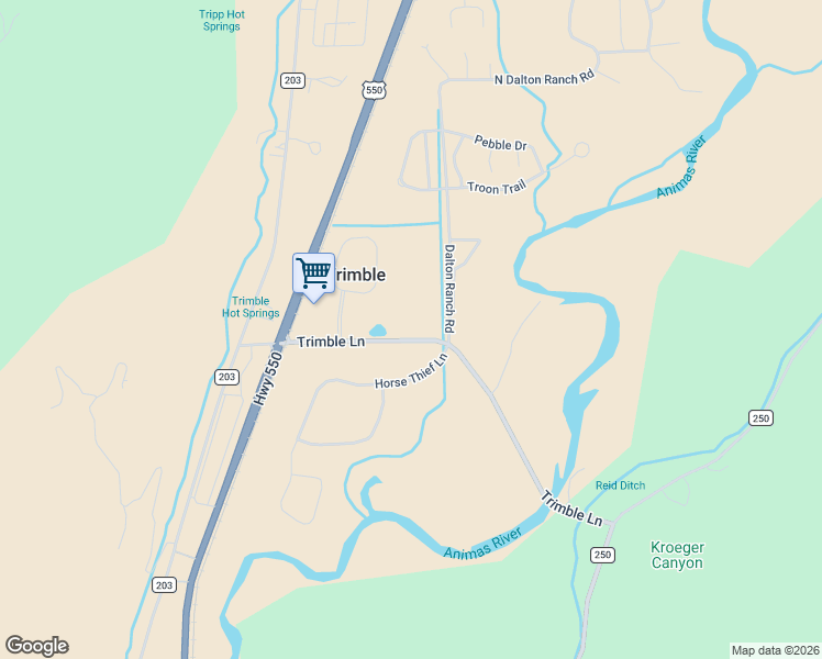map of restaurants, bars, coffee shops, grocery stores, and more near 373 Co Road 252 in Durango