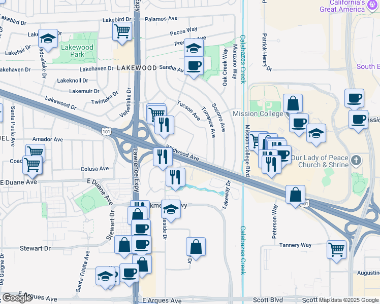 map of restaurants, bars, coffee shops, grocery stores, and more near 1235 Wildwood Avenue in Sunnyvale