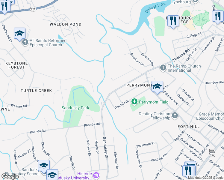 map of restaurants, bars, coffee shops, grocery stores, and more near 4700 Greenwood Drive in Lynchburg