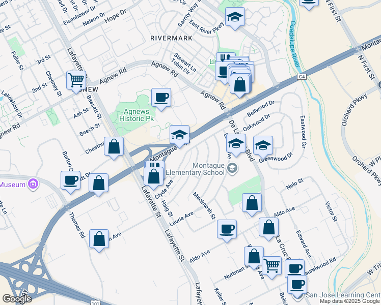map of restaurants, bars, coffee shops, grocery stores, and more near 920 Clyde Avenue in Santa Clara