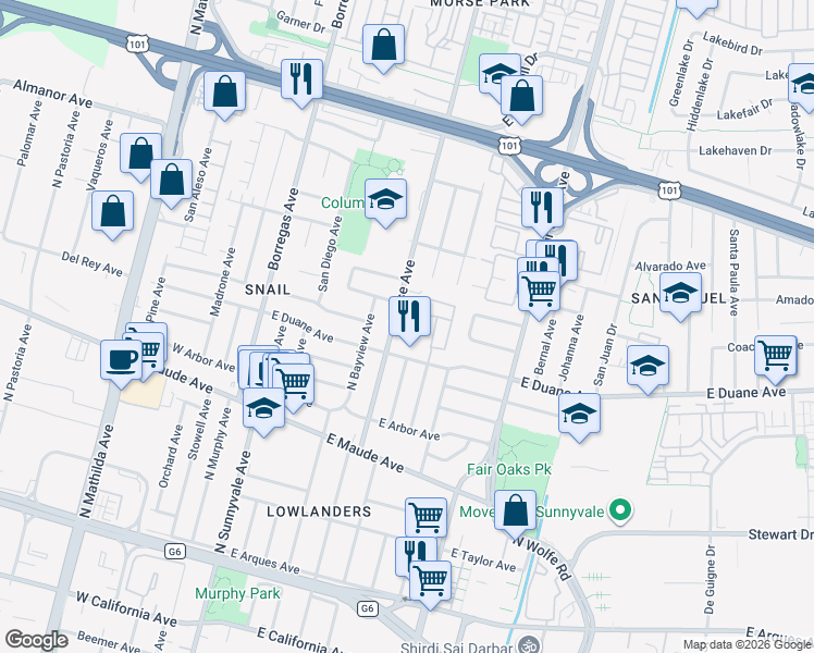 map of restaurants, bars, coffee shops, grocery stores, and more near Waddington Avenue in Sunnyvale