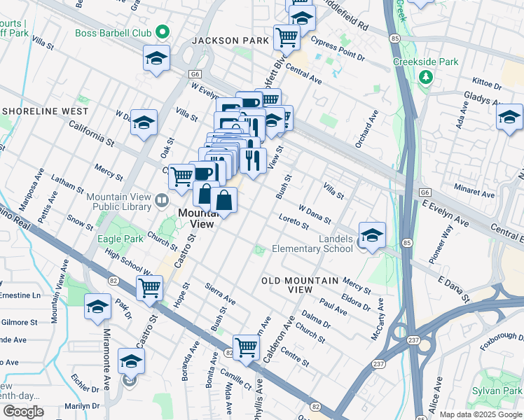 map of restaurants, bars, coffee shops, grocery stores, and more near 550 California Street in Mountain View