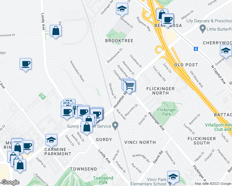 map of restaurants, bars, coffee shops, grocery stores, and more near 1664 Pinetree Court in San Jose