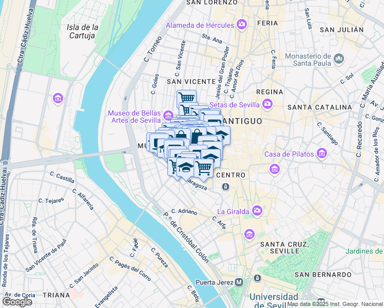 map of restaurants, bars, coffee shops, grocery stores, and more near 1A Calle Ciriaco Esteban in Sevilla
