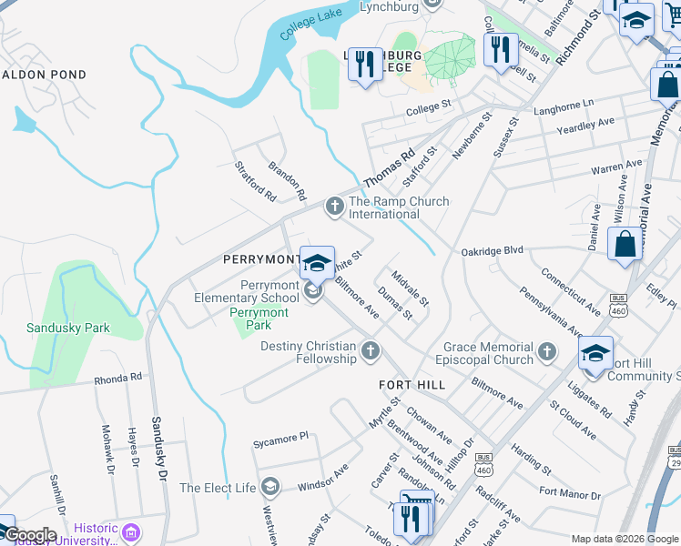 map of restaurants, bars, coffee shops, grocery stores, and more near 4314 White Street in Lynchburg