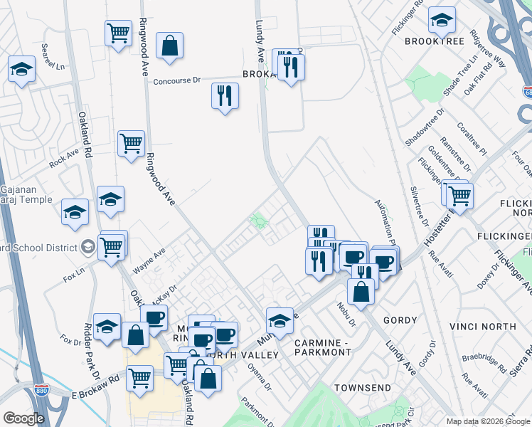 map of restaurants, bars, coffee shops, grocery stores, and more near 1291 Marcello Drive in San Jose