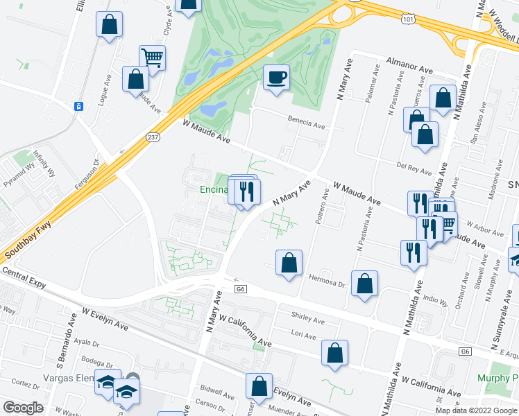 map of restaurants, bars, coffee shops, grocery stores, and more near N Mary Ave & Corte Madera Ave in Sunnyvale