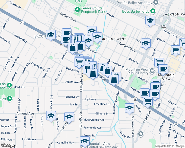 map of restaurants, bars, coffee shops, grocery stores, and more near 1709 West El Camino Real in Mountain View