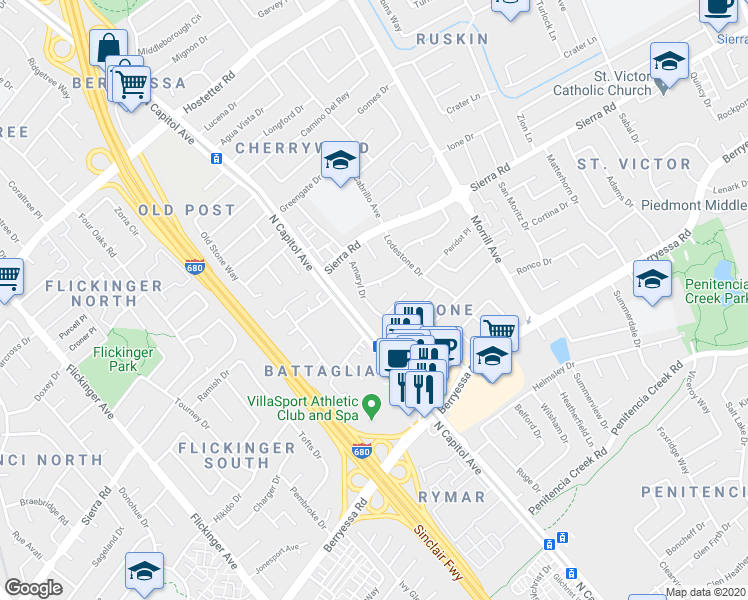 map of restaurants, bars, coffee shops, grocery stores, and more near 2487 Amaryl Drive in San Jose