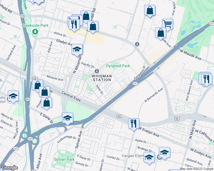 map of restaurants, bars, coffee shops, grocery stores, and more near 194 Greyhawk Court in Mountain View
