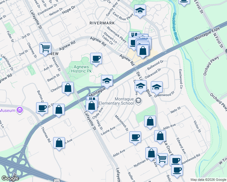 map of restaurants, bars, coffee shops, grocery stores, and more near 920 Clyde Avenue in Santa Clara