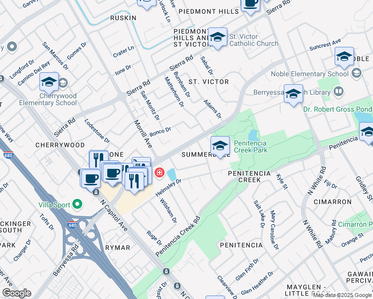 map of restaurants, bars, coffee shops, grocery stores, and more near 1147 Summerwings Court in San Jose