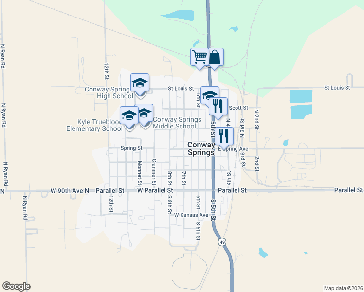 map of restaurants, bars, coffee shops, grocery stores, and more near 100 7th Street in Conway Springs