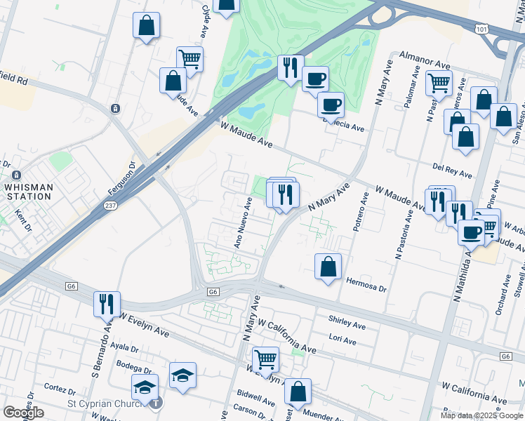 map of restaurants, bars, coffee shops, grocery stores, and more near 415 Macara Avenue in Sunnyvale