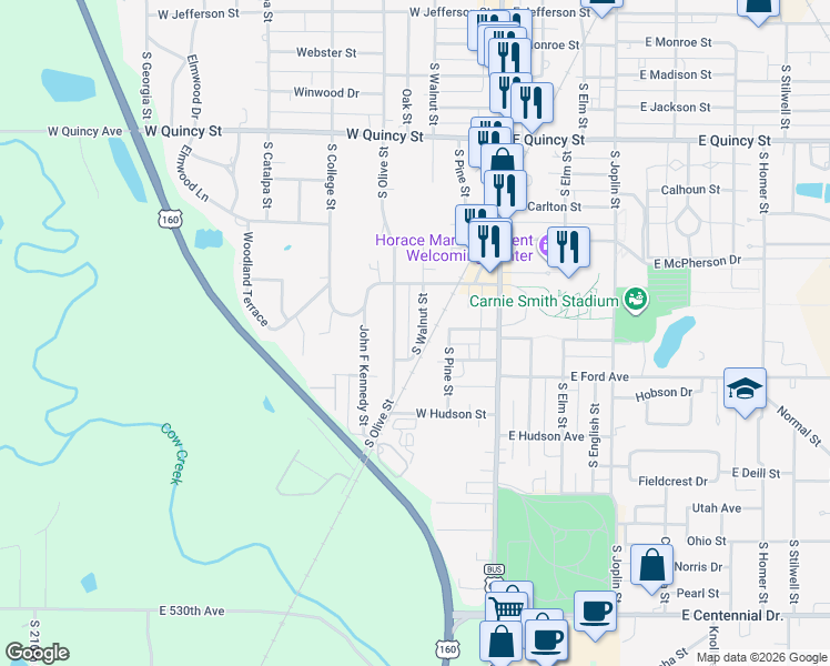 map of restaurants, bars, coffee shops, grocery stores, and more near 1722 South Walnut Street in Pittsburg