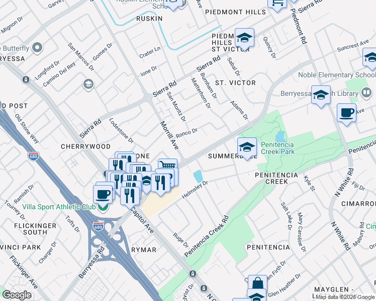 map of restaurants, bars, coffee shops, grocery stores, and more near 2805 Berryessa Road in San Jose