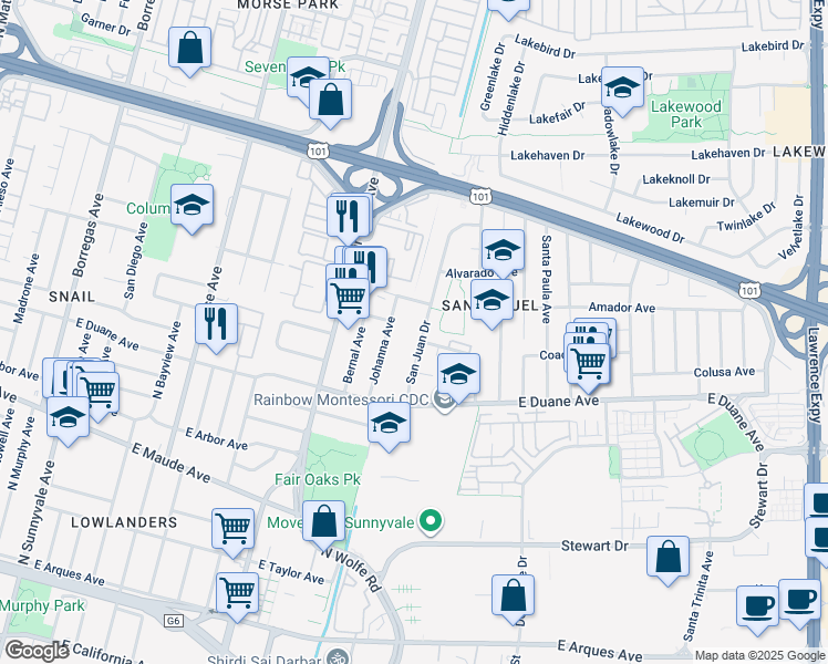map of restaurants, bars, coffee shops, grocery stores, and more near 701 San Juan Drive in Sunnyvale