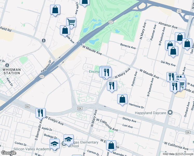 map of restaurants, bars, coffee shops, grocery stores, and more near 415 Macara Avenue in Sunnyvale