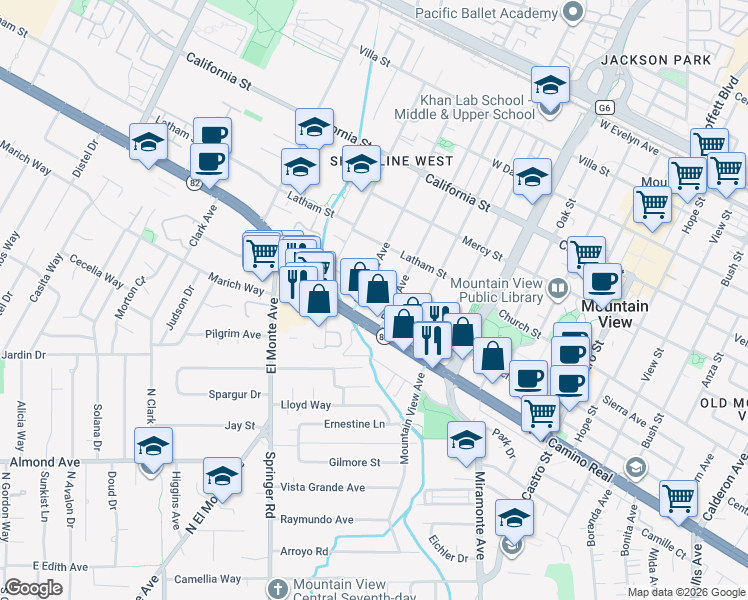 map of restaurants, bars, coffee shops, grocery stores, and more near 720 Pettis Avenue in Mountain View