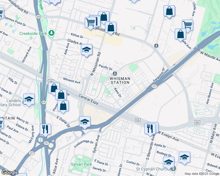map of restaurants, bars, coffee shops, grocery stores, and more near 156 Cottonwood Court in Mountain View