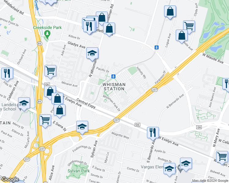 map of restaurants, bars, coffee shops, grocery stores, and more near 424 Kent Drive in Mountain View