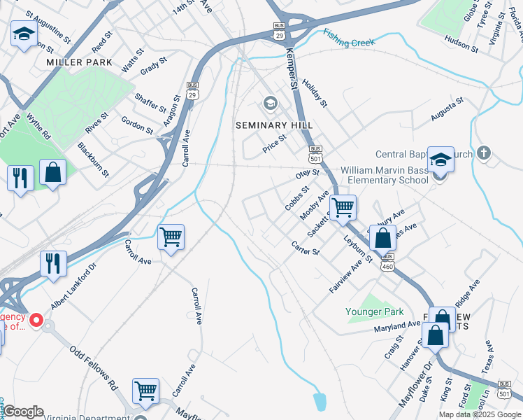map of restaurants, bars, coffee shops, grocery stores, and more near 2553 Carter Street in Lynchburg