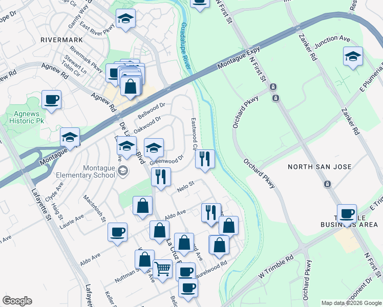 map of restaurants, bars, coffee shops, grocery stores, and more near 3672 Eastwood Circle in Santa Clara